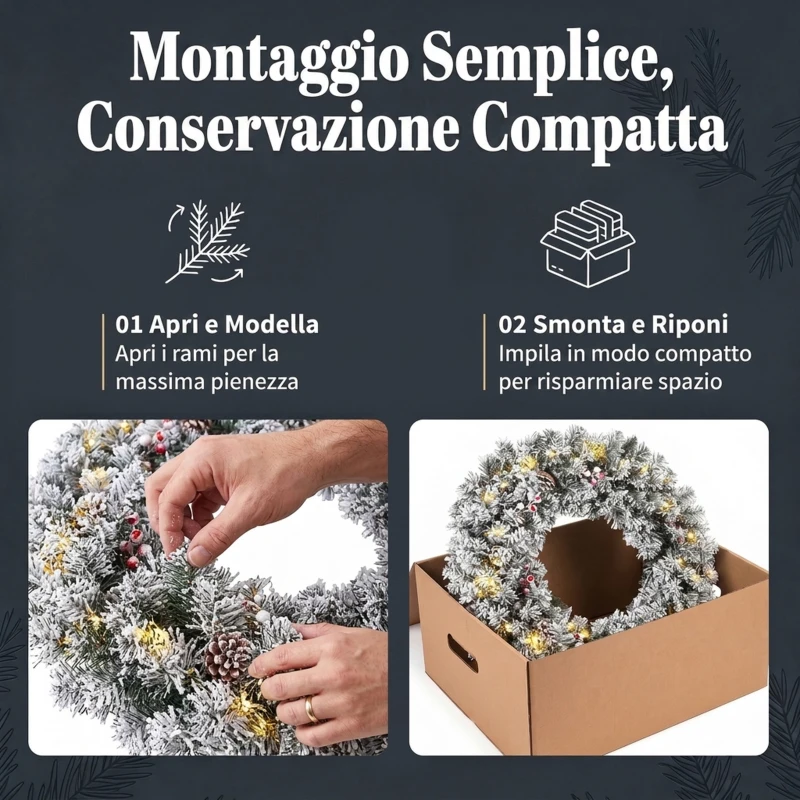 HOMCOM Ghirlanda Natalizia Innevata da 60 cm con Luci LED, Fiocco Scozzese, Rami, Pigne, Bacche, Verde