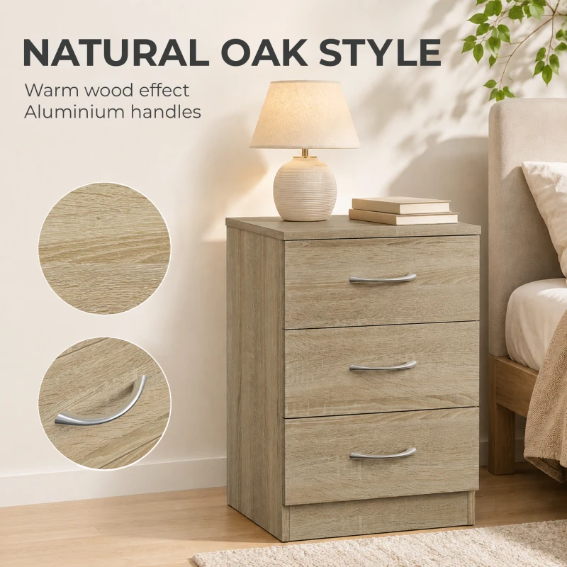 HOMCOM Three-Drawer Simple Bedside Table - Oak