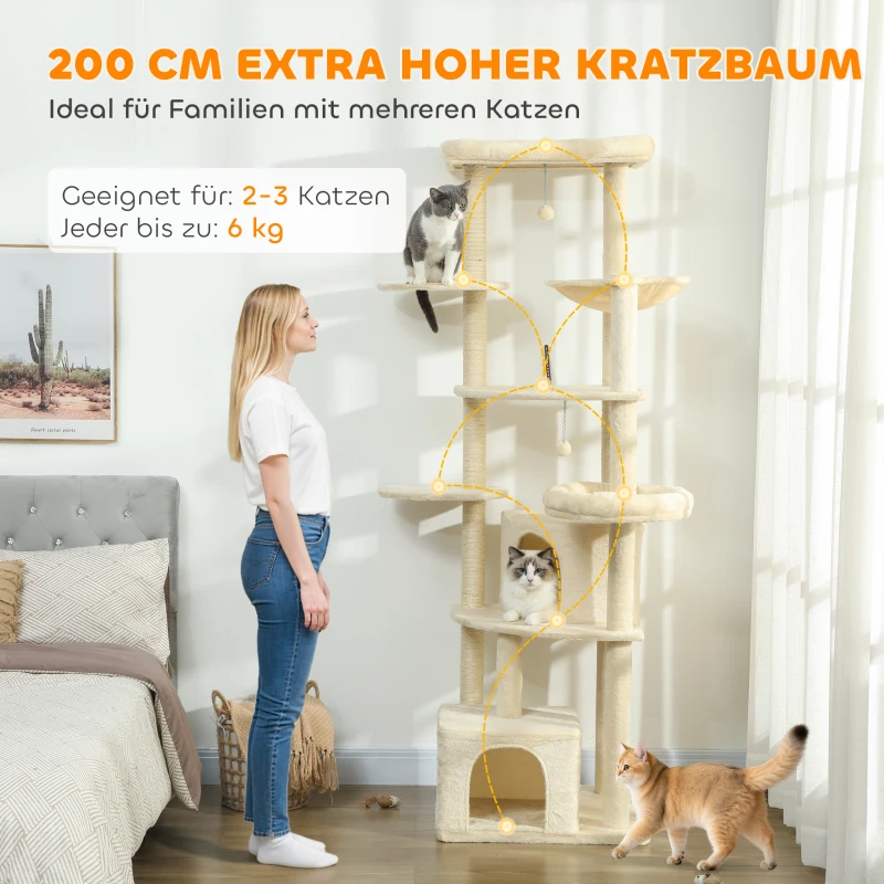 PawHut 2 meter hoge krabpaal voor 2-3 katten, krabpalen, holen, hangmat, verstopplekken, meerlaagse uitvoering, sisal, hout, pluche, Beige