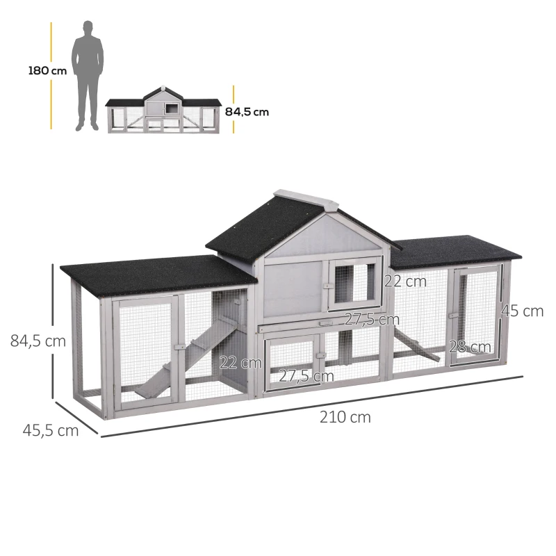PawHut Conejera de Exterior Grande Jaula de Madera para 2-4 Conejos con Techo Asfáltico Recinto de Alambre Bandeja Extraíble y Rampas 210x45,5x84,5 cm Gris y Negro