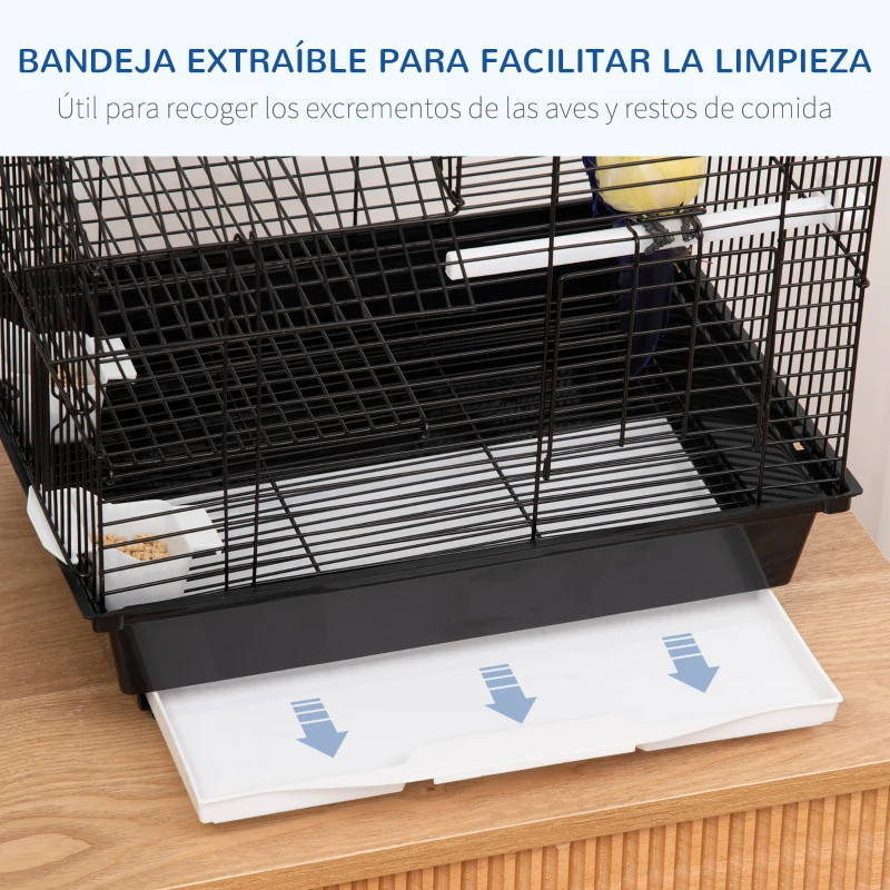 PawHut Jaula para Pájaros de Metal con Comederos Perchas Columpio y Bandeja Extraíble para Canarios Periquitos 39x34x47 cm Negro