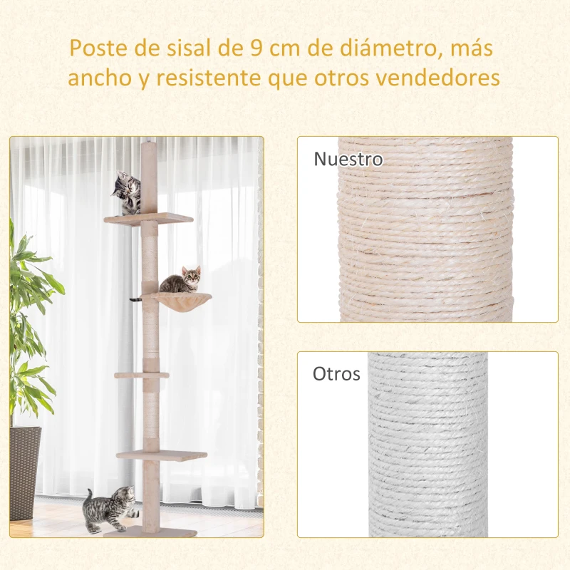 PawHut Árbol para Gatos de Suelo a Techo de 230-260 cm con Altura Ajustable Plataformas Hamaca y Postes de Sisal Beige