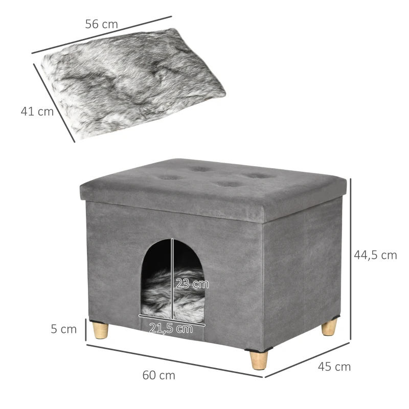 PawHut Cueva para Gatos 2 en 1 Taburete Reposapiés con Tapa Extraíble Orificio de Entrada Cojín Lavable y Patas Elevadas de Madera para Interior 60x45x44,5 cm Gris