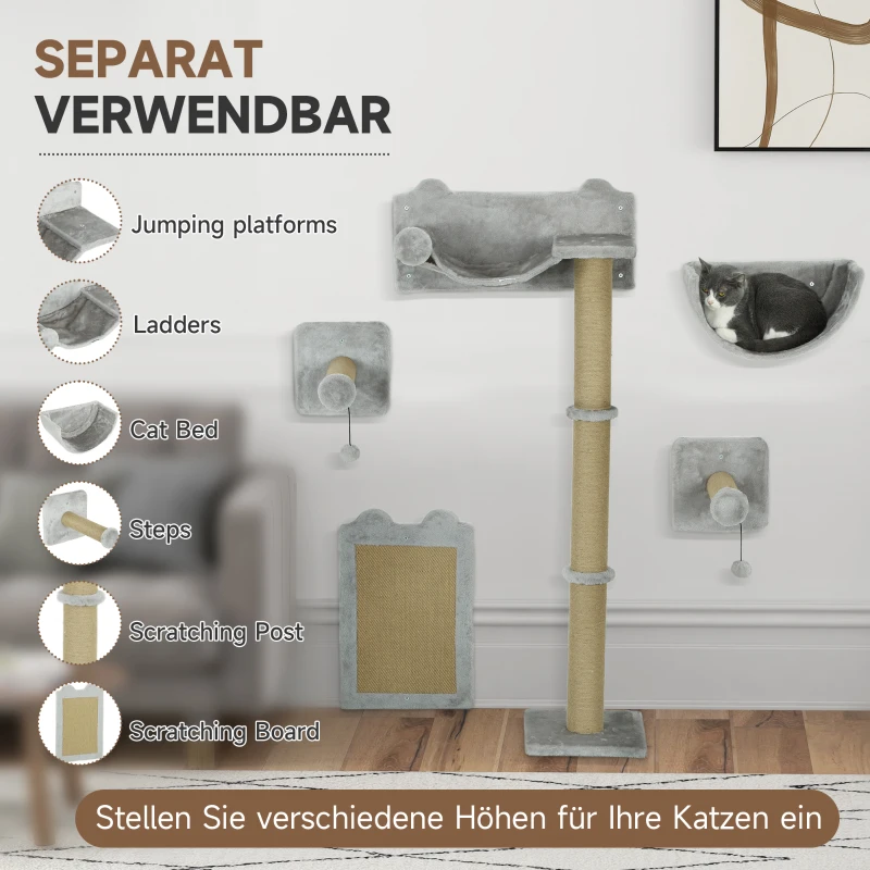 PawHut 5-teiliges wandmontiertes Kletterset für Hauskatzen mit Kratzpfosten, Kratzmatte, Katzenbett, Spielzeugbällen, Hellgrau
