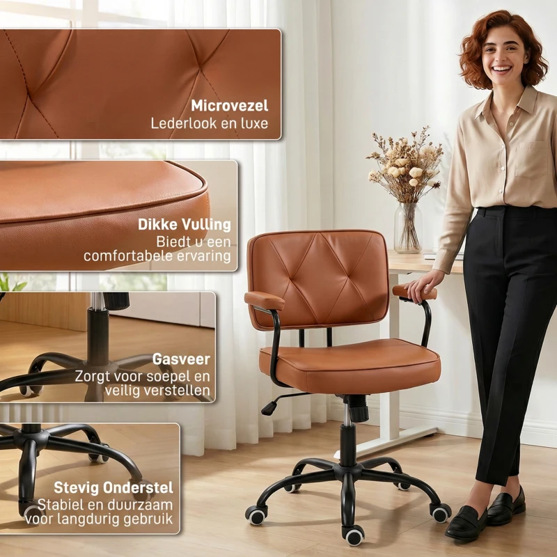 Vinsetto bureaustoel met wielen, draaistoel, bureaustoel, tuimelfunctie, bruin