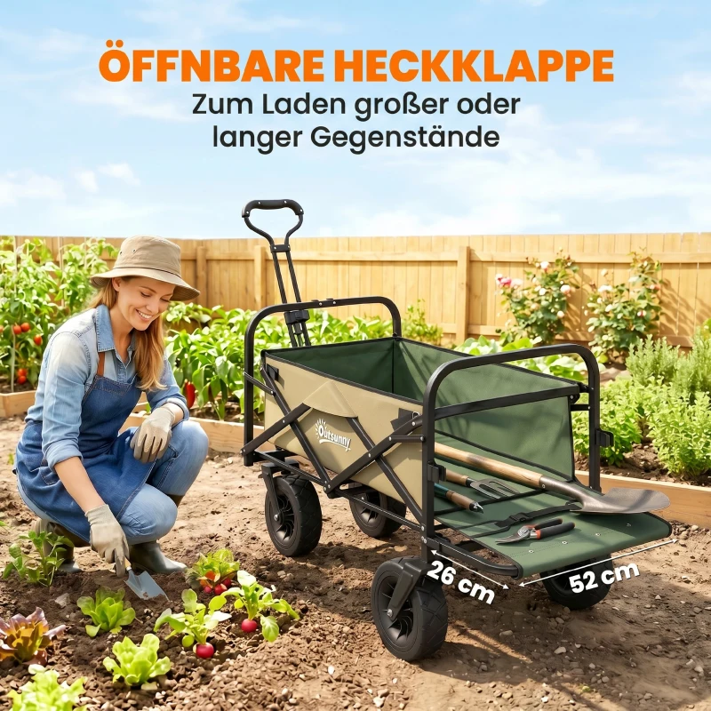 Outsunny Bollerwagen, faltbar, 110 L, bis 100 kg, Teleskopgriff, Stahlrahmen, 94 x 57 x 77-100 cm, Khaki