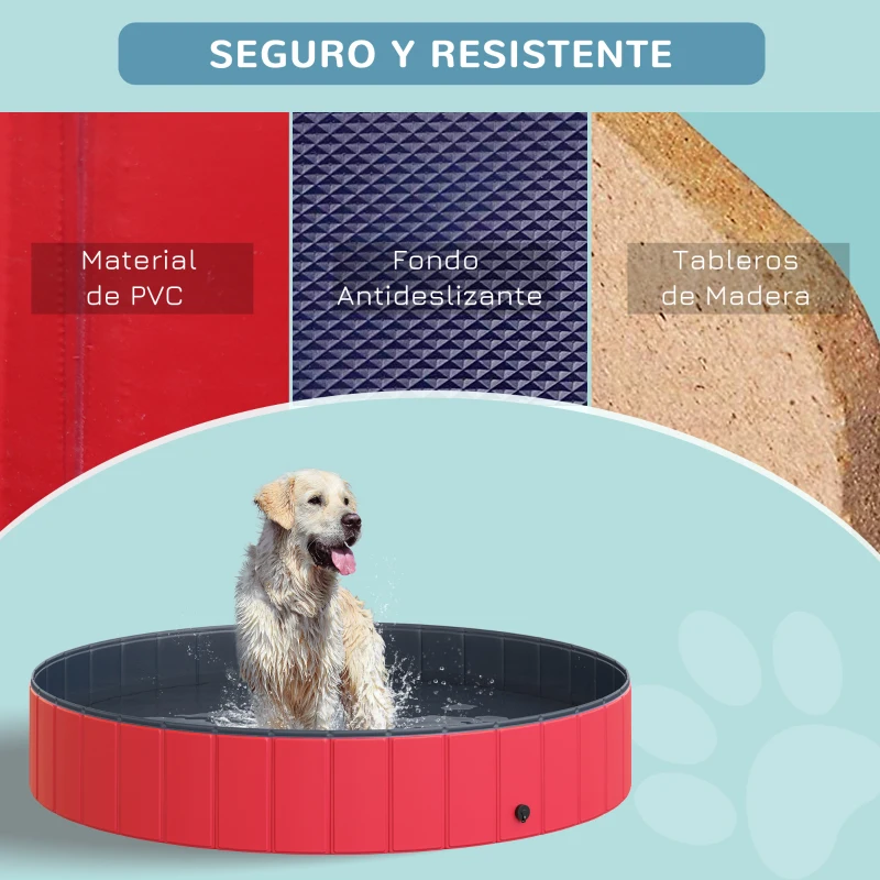 PawHut Piscina Plegable para Perros Gatos Ø160x30 cm Bañera Portátil para Mascotas PVC Antideslizante Múltiples Usos para Interiores y Exteriores Rojo