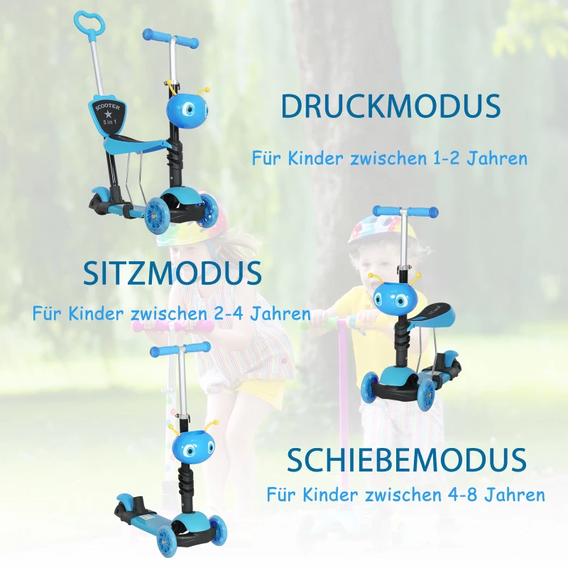 HOMCOM 5-in-1 Kinderroller Scooter Tretroller Cityroller Kinder Roller Kickboard Lenker Teleskoprohr höhenverstellbar Blau 62 x 25 x 72,5 cm
