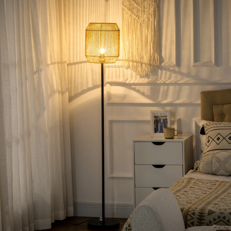 HOMCOM Lámpara de Pie para Salón con Pantalla de Cuerda de Papel para Salón Dormitorio Ø26x164 cm Natural y Negro
