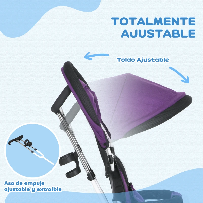 HOMCOM Triciclo Evolutivo para Niños +12 Meses con Toldo Plegable Mango de Empuje Telescópico y Cinturón de Seguridad Violeta