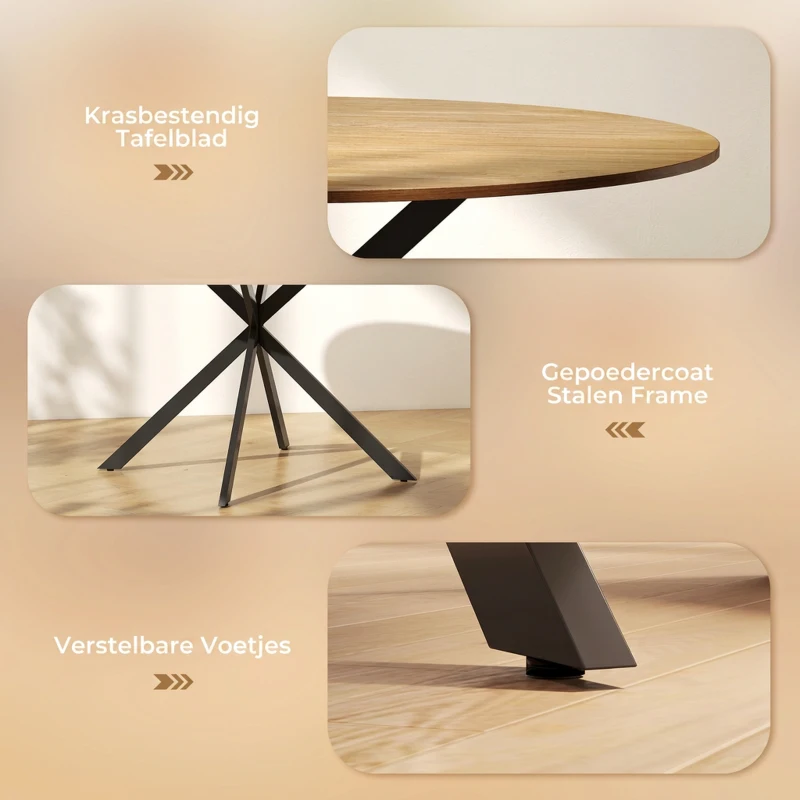HOMCOM Ronde eettafel voor 4 personen, keukentafel in industriële stijl met stalen poten, voor eetkamer en keuken, eiken
