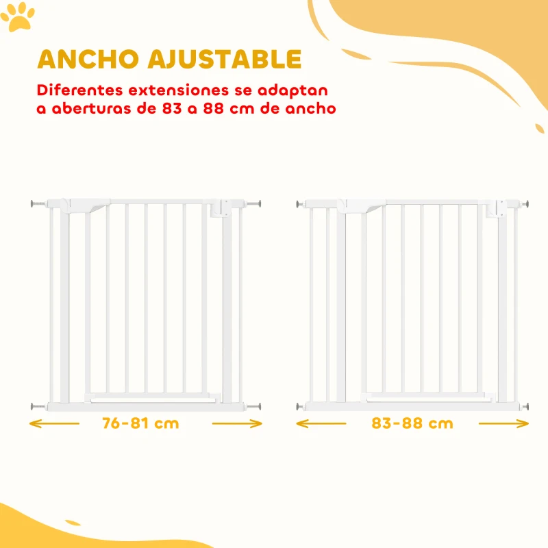 PawHut Barrera de Seguridad para Niños y Perros Ancho 76-88 cm Bloqueo Doble y Cierre Automático Apertura Dos Sentidos Blanco