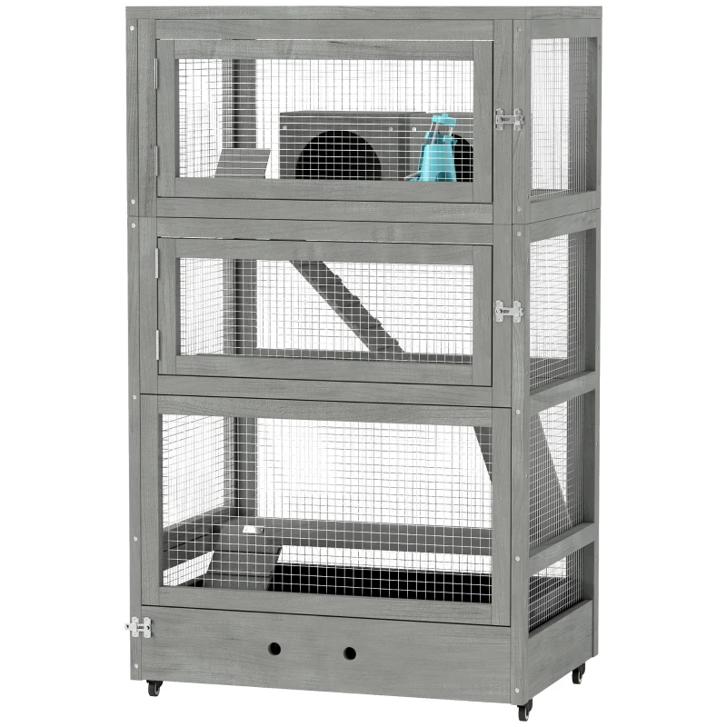 PawHut 4-laags houten hamsterkooi, met huisjes, wip, voederbakken, rampen, wielen, 65 x 45 x 109 cm, grijs(m-10)