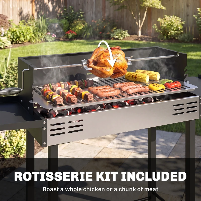 Outsunny BBQ Rotisserie Grill Roaster Charcoal Spit Roasting Machine for Chicken Turkey with 3-Level Grill Grate, Side Shelves