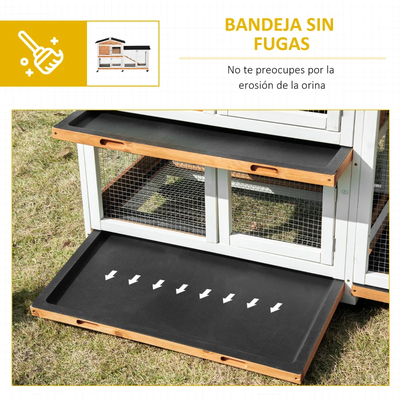 PawHut Conejera Exterior 157,4x53x99,5cm Jaula para Conejos Grande con Ruedas Techo Asfáltico Bandejas Extraíbles Rampa Natural
