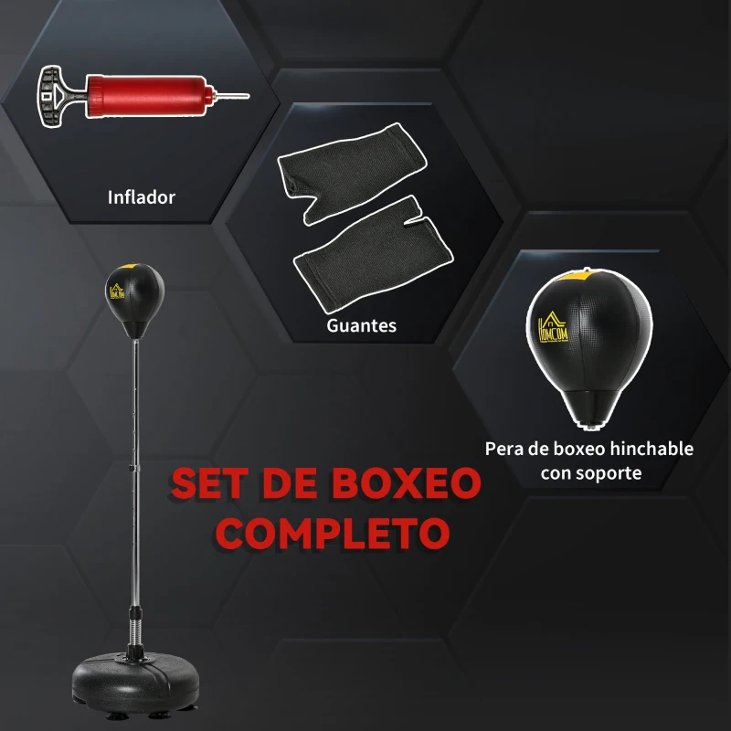 HOMCOM Saco de Boxeo de Pie con Altura Ajustable en 4 Niveles Base Rellenable Guantes e Inflador Ø45x133-151 cm Negro