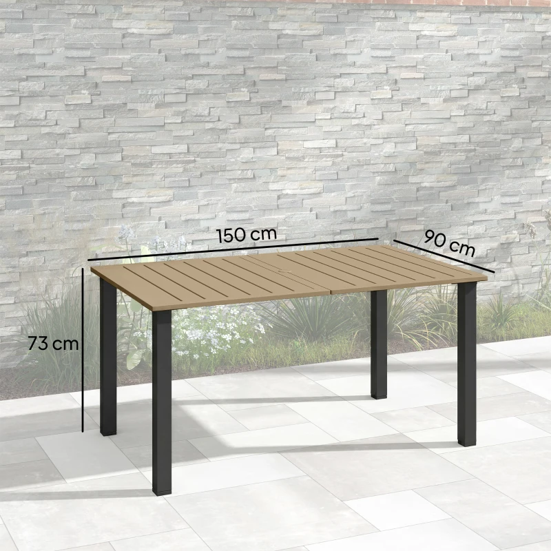 Outsunny Mesa de Jardín Rectangular de Acero 150x90x73 cm para 6 Personas con Orificio para Sombrilla Diseño con Lamas Marrón
