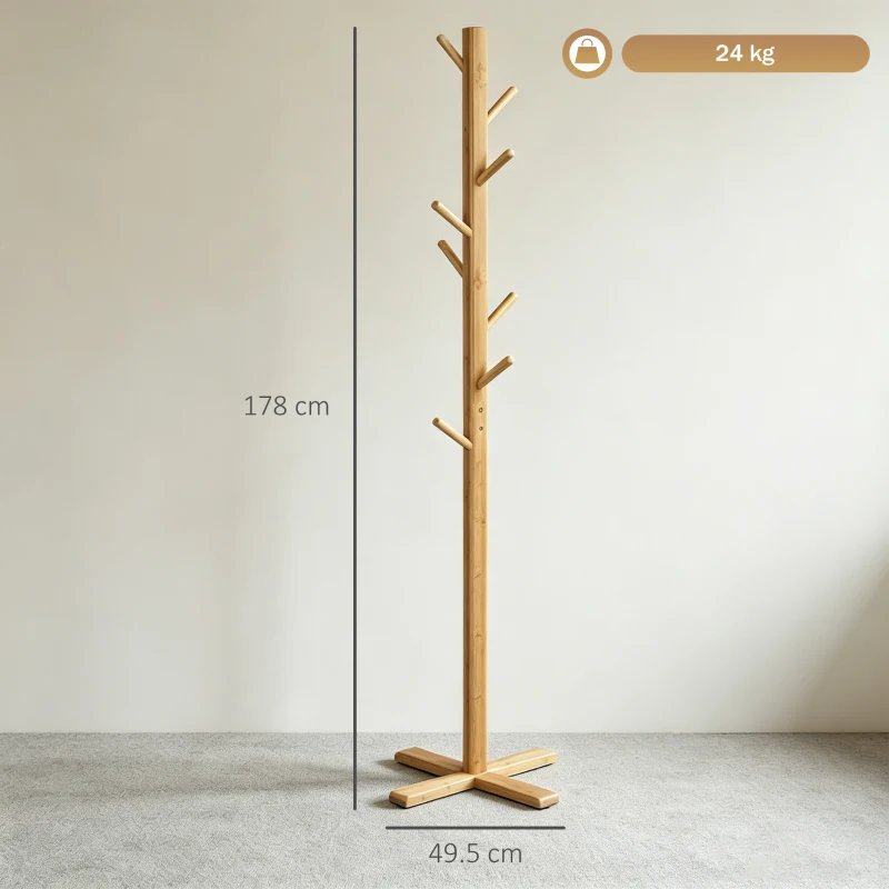 HOMCOM Appendi Abiti da Terra in Legno di bambù con 8 Ganci e Base a X, 49.5x 49.5x 178cm, Naturale