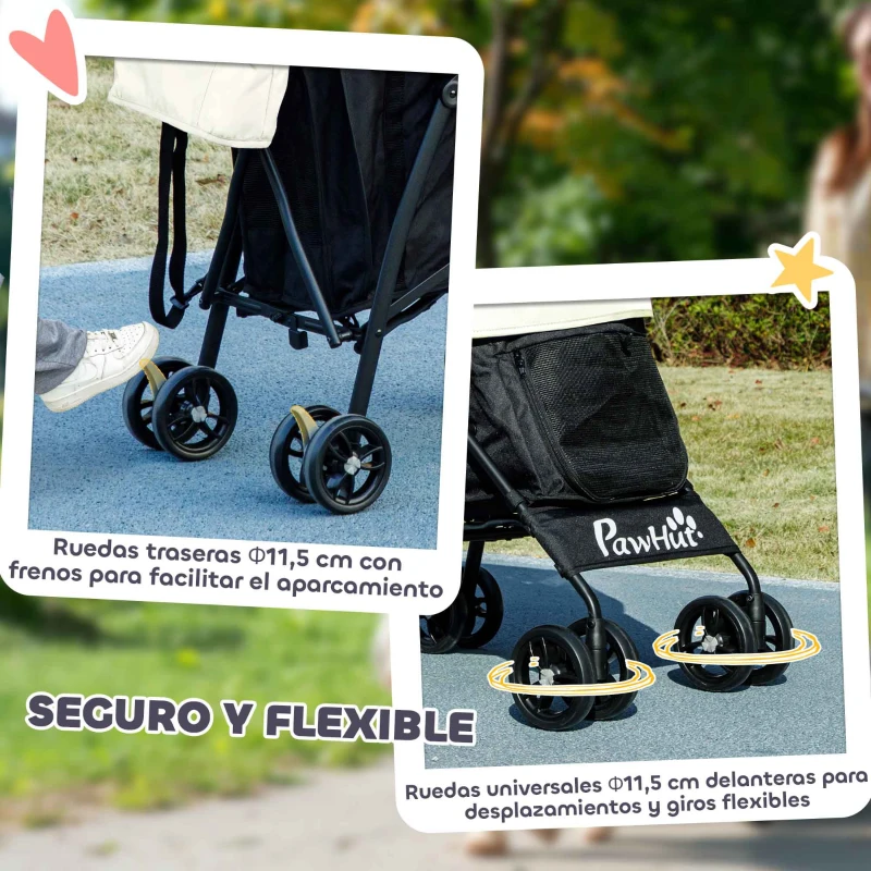 PawHut Cochecito para Perros Pequeños con Estructura de Paraguas con Cojín Lavable Portavaso Ventanas de Malla y Bolsa Crema