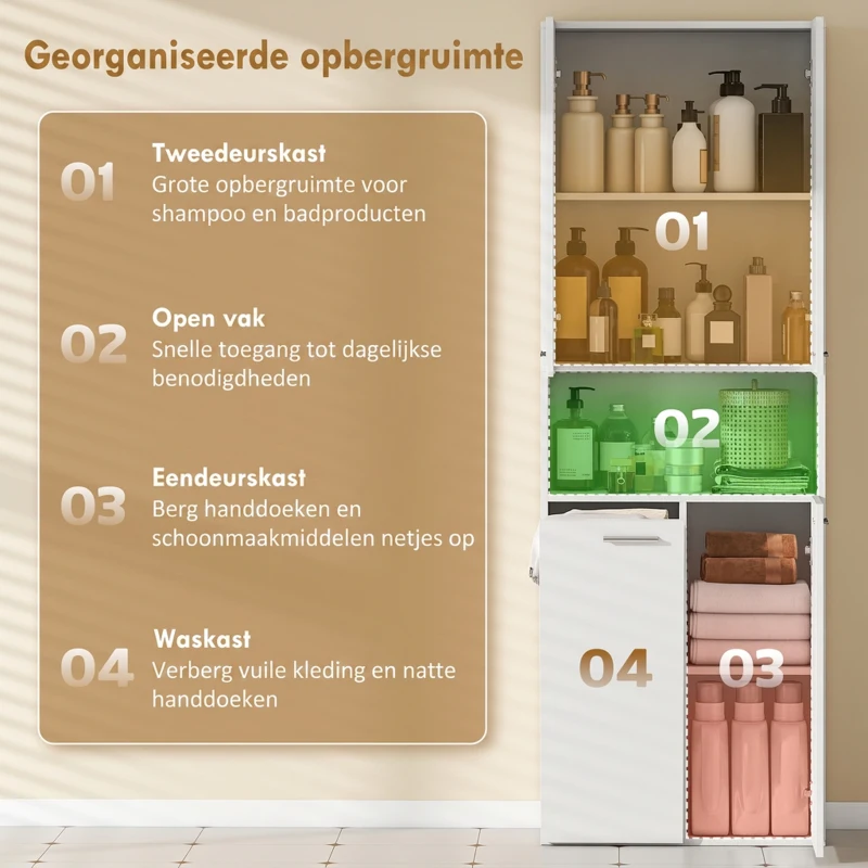 HOMCOM 174 cm hoge badkamerkast met uitklapbare wasmand en soft-close deuren, wit