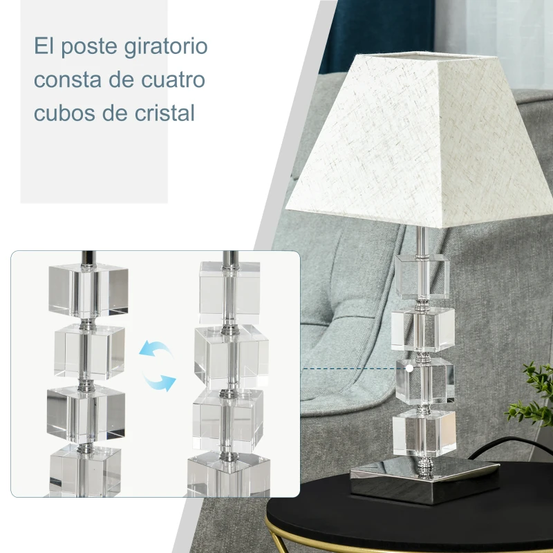 HOMCOM Lámpara de Mesita de Noche con Casquillo E14 Máx. 40W Cristal Giratorio y Base de Metal para Dormitorio 20x20x47cm Crema