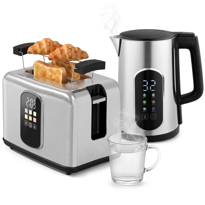 HOMCOM Kettle and Toaster Set with LED Touch Screen, Kettle with Strix Thermostat, 2 Slice Toaster w/ 6 Browning Levels, Silver