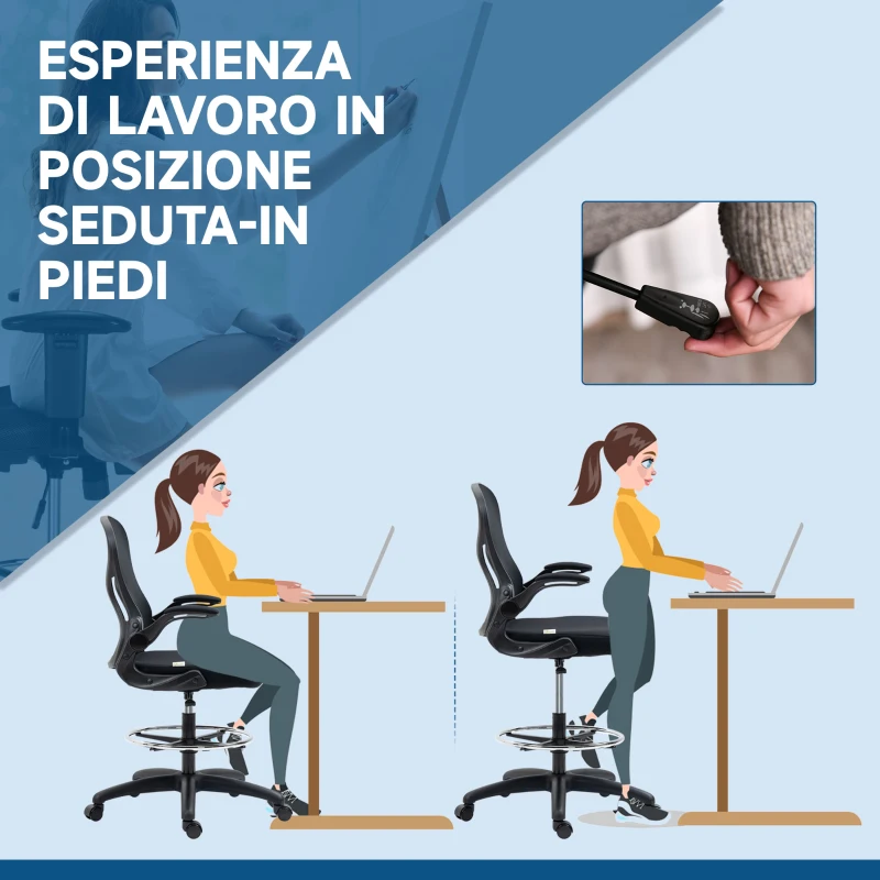 Vinsetto Sedia da Ufficio con Supporto Lombare, Altezza Regolabile e Braccioli Ribaltabili, 59x65x102-122 cm, Nero