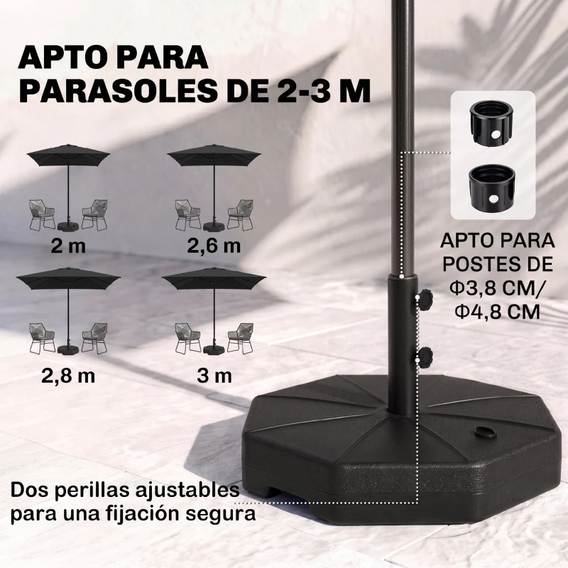Outsunny Base de Sombrilla Rellenable de Agua 28 kg o Arena 40 kg Soporte de Parasol Octagonal Apto para Postes de 38mm 48 mm para Jardín Terraza Ø60x36 cm Negro