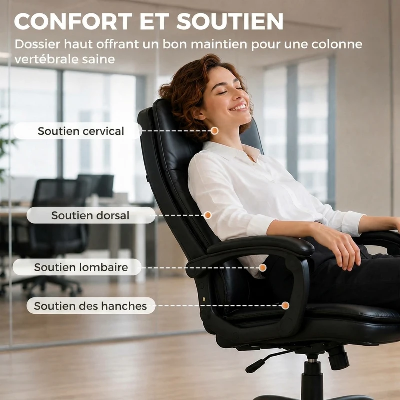 HOMCOM Chaise bureau ergonomique, fauteuil de bureau en PU, hauteur réglable, fonction bascule, pivotante 360°, noir