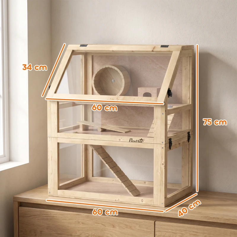 PawHut Cage Hamster Rongeur à 3 Niveaux, Fond Amovible, Cabane, Balançoire, 60x40x75cm, Finition Bois Naturel