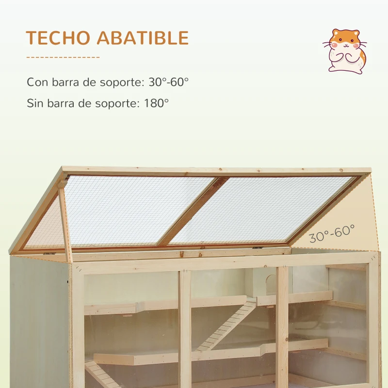 PawHut Jaula para Hámster de Madera Casa para roedores Pequeños con Bandeja Extraíble 2 Plataformas y Rampas 115x57x55 cm Madera Natural