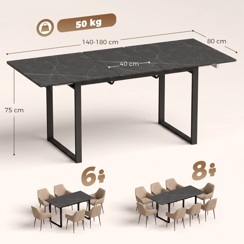 HOMCOM Uitschuifbare eettafel 140-180 cm voor 6-8 personen, rechthoekig, industrieel design met stalen frame, zwart