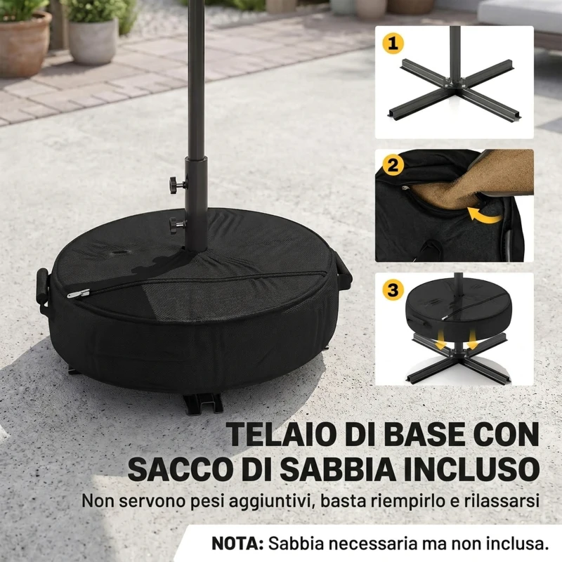 Outsunny Ombrellone Rotondo Inclinabile 3x3 m con Manovella, in Metallo e Poliestere, Grigio Scuro
