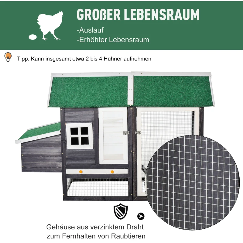 PawHut Zwerghühnerstall mit Nistkasten und Freilauf inkl. Rampe 170 cm x 81 cm x 110 cm Wetterbeständig Grün + Grau