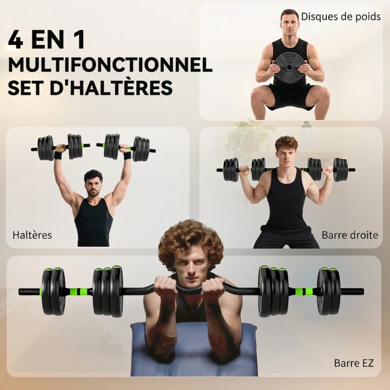 SPORTNOW Kit haltères musculation haltères réglables 20 kg 3 en 1, ensemble de poids réglable avec barre d'extension noir