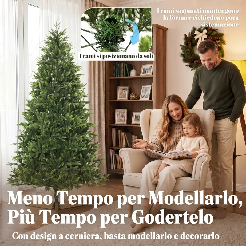 HOMCOM Albero di Natale Artificiale 180cm Folto Realistico, 732 Rami in PE Ignifughi, Base Pieghevole in Legno, Verde