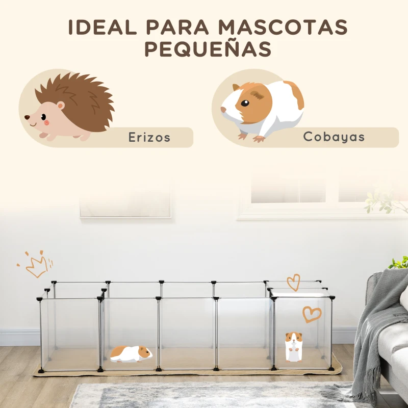 PawHut Valla para Mascotas DIY con 20 Paneles y Tapete Parque para Animales Pequeños para Cobayas y Erizos 175x70x45 cm Transparente