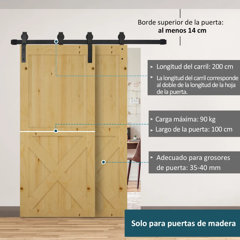 HOMCOM Herraje para Puerta Corredera 200 cm Kit de Acero al Carbono Accesorios con 2 Puertas Deslizantes de Madera Negro