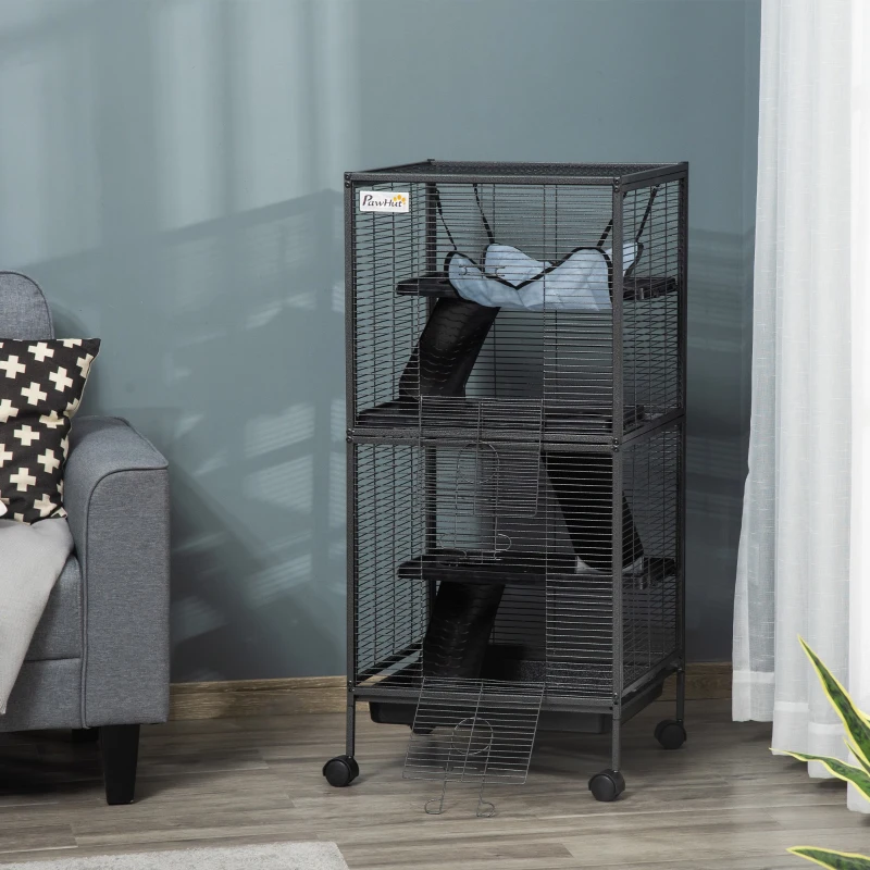PawHut Parque para Mascotas con Ruedas 2 Puertas 3 Rampas Hamaca Colgante y Bandeja Extraíble para Cobayas 52x52x113,5cm Gris