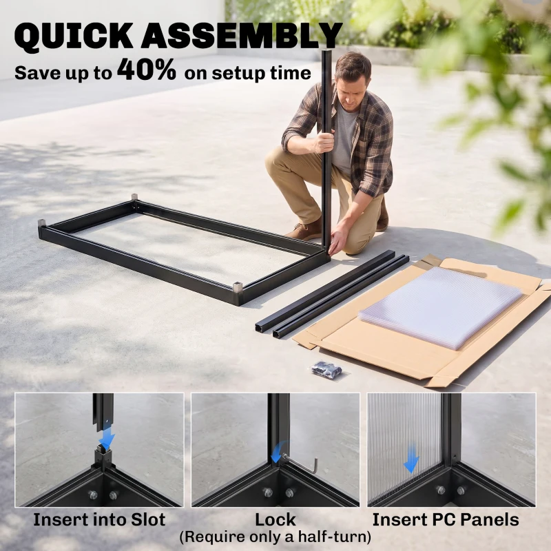 Outsunny 4 x 2ft Polycarbonate Greenhouse, Quick Setup, Lean-to Green House with 2 Hinged Doors, Top Vent, Black