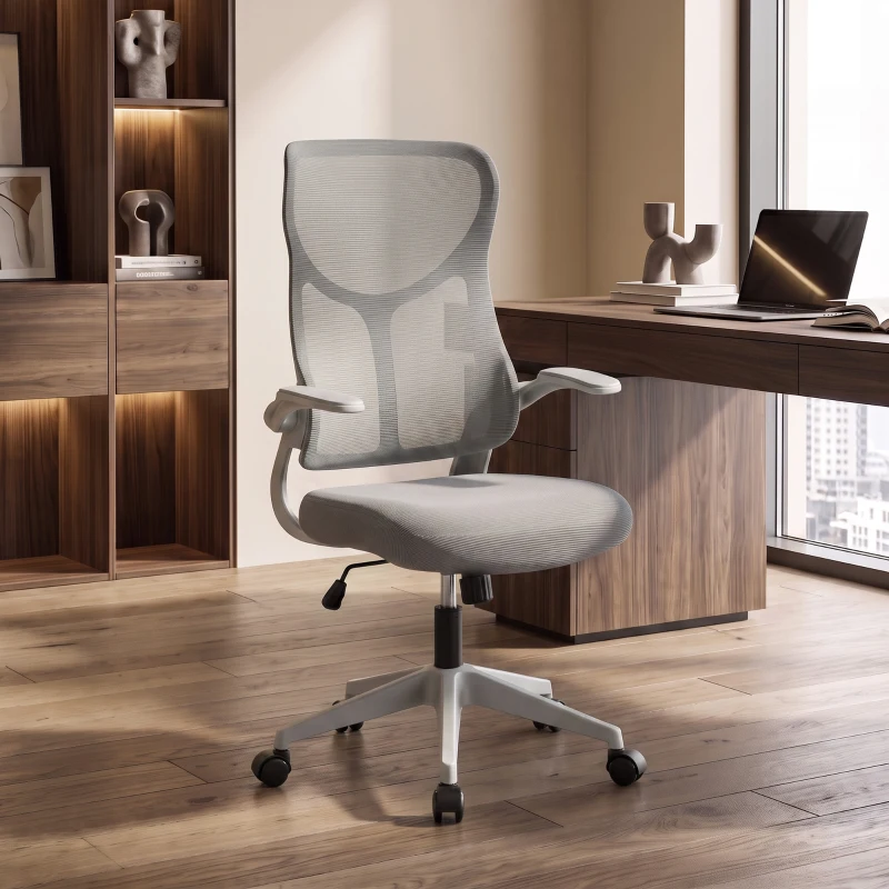 HOMCOM Ergonomische mesh-bureaustoel, draaistoel met hoge rugleuning, opklapbare armleuningen en schommelfunctie, grijs
