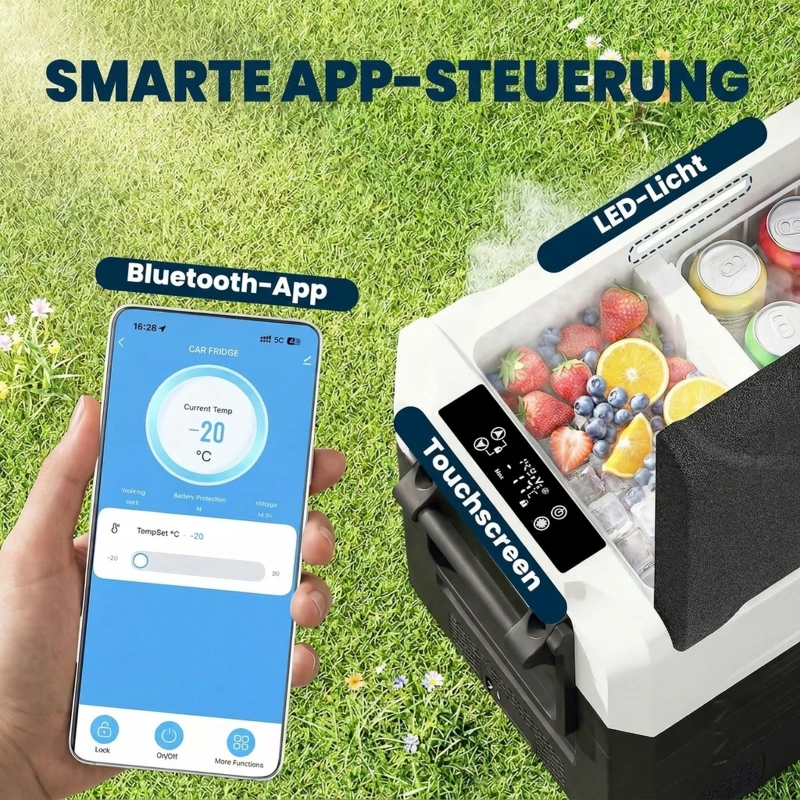 Outsunny Compressor-koelbox 50L -20℃-20℃ elektrische koelbox met dual-zone temperatuurregeling, APP, LED, batterijbeveiliging en opvouwbare handgreep