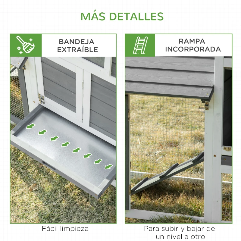 PawHut Jaula para Gallineras con 2 Corrales de Alambre Techo Abrible Caja Nido Bandeja Extraíble y Rampa 150,5x54x87 cm Gris