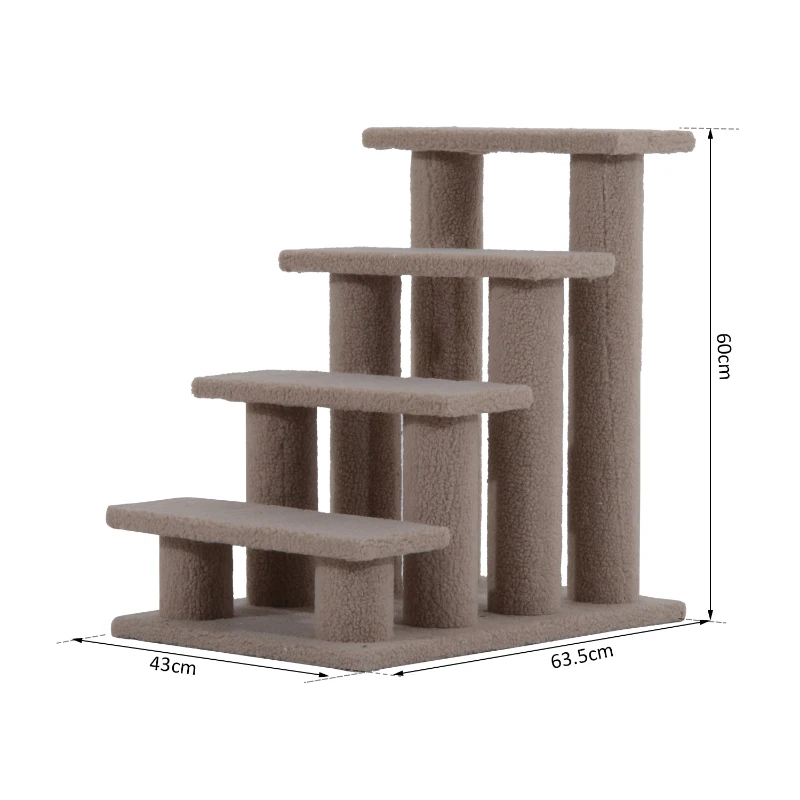 PawHut Escalera de Mascota Escalón Gato con 4 Pasos de Felpa y Postes Cubierto de Felpa 63.5x43x60cm Marrón Claro