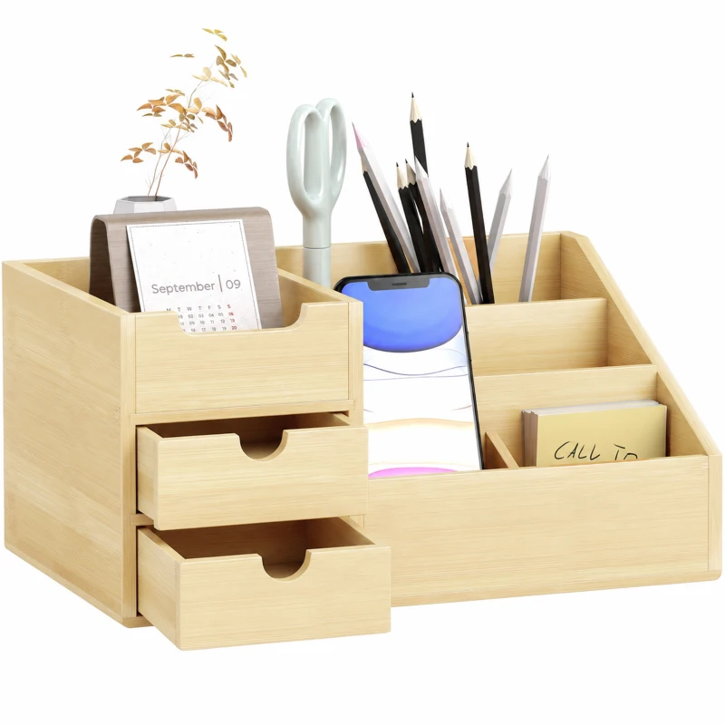 HOMCOM Schreibtischorganizer aus Bambus Aufbewahrungsbox mit Schublade - Stiftebox Büro Box Organisation Stiftehalter für Schreibtisch, Büro Natur 33 x 20,5 x 15,5 cm