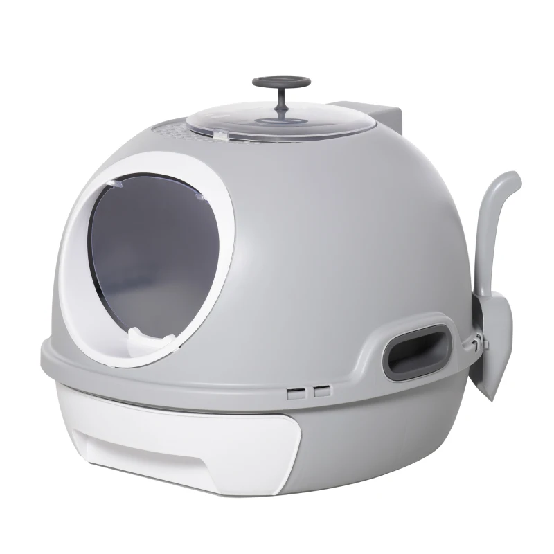 PawHut Caja de Arena para Gatos Arenero Cerrado con Claraboya Abatible Bandeja Extraíble y Pala 47x55x44 cm Gris