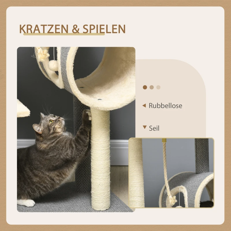 PawHut Krabpaal Klimboom, 1 kattenhol, 2 ligplatforms, 60B x 40D x 104H cm , Grijs + Natuur
