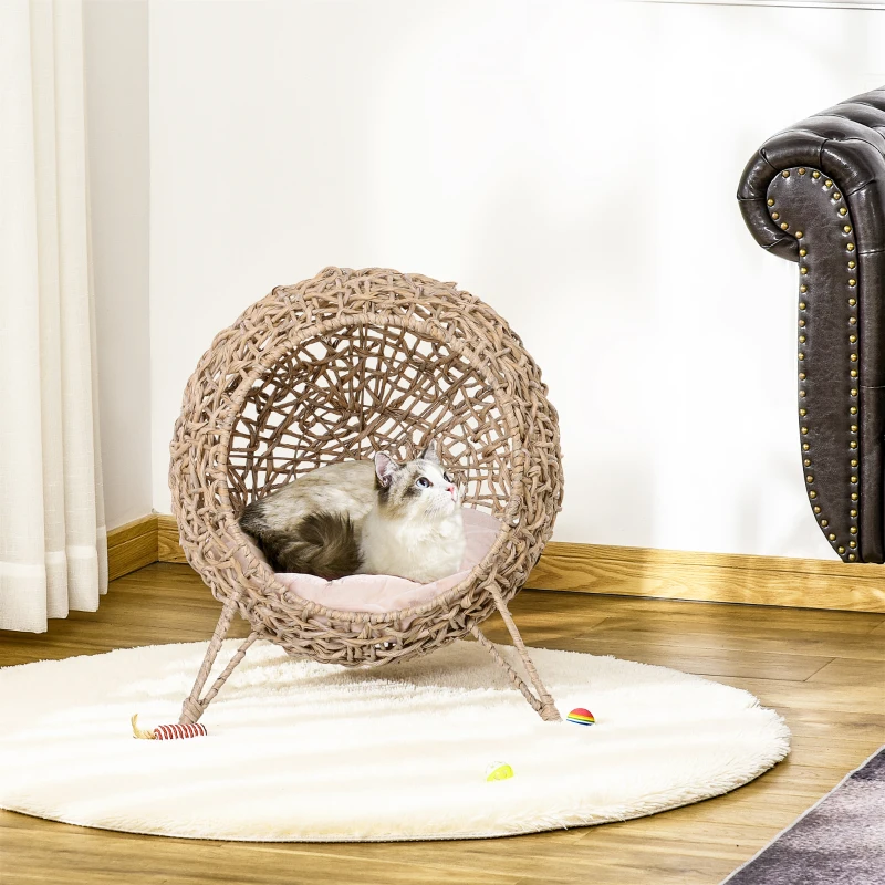 PawHut Cama Cueva de Ratán para Gatos o Mascotas Pequeña con Base Trípode Cojín de Felpa y Algodón Suave Diseño Elevado Estable Φ52x58 cm Madera Natural