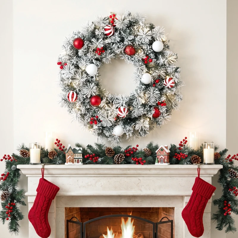 HOMCOM Ghirlandă de Crăciun înzăpezită de 60 cm cu LED-uri, 8 moduri, 140 ramuri, 8 boabe și 15 globulețe decorative, Verde
