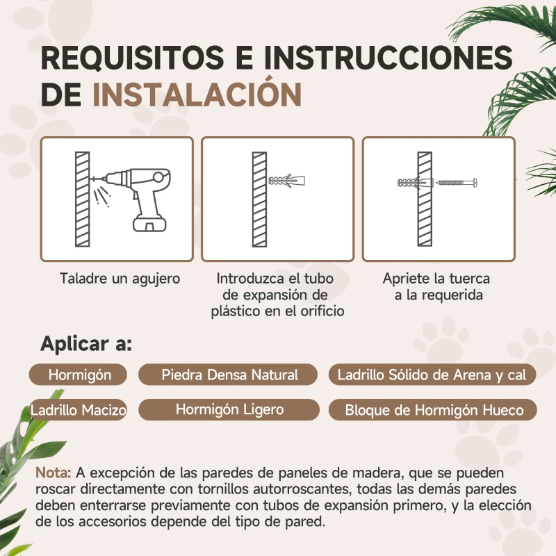 PawHut Rascador de Pared para Gatos con 2 Postes de Sisal Plataforma Doble con Escalera Suave y 1 Plataforma para Saltar Beige